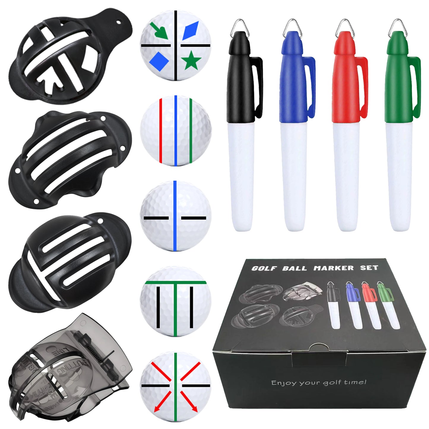 8PCS Golf Ball Marker Kit for Precision Aim and Personal Marking, Includes 4 ball marker templates and 4 color marking pens