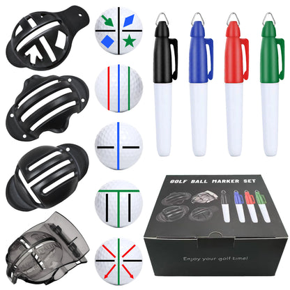 8PCS Golf Ball Marker Kit for Precision Aim and Personal Marking, Includes 4 ball marker templates and 4 color marking pens