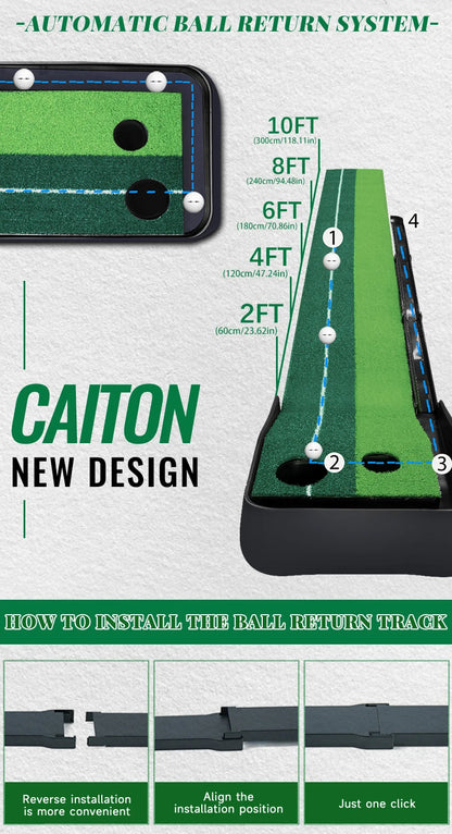Caiton Golf Putting Mat 10FT with Auto Ball Return – Indoor & Outdoor Use, Perfect Golf Gift for Home, Office, and Backyard.