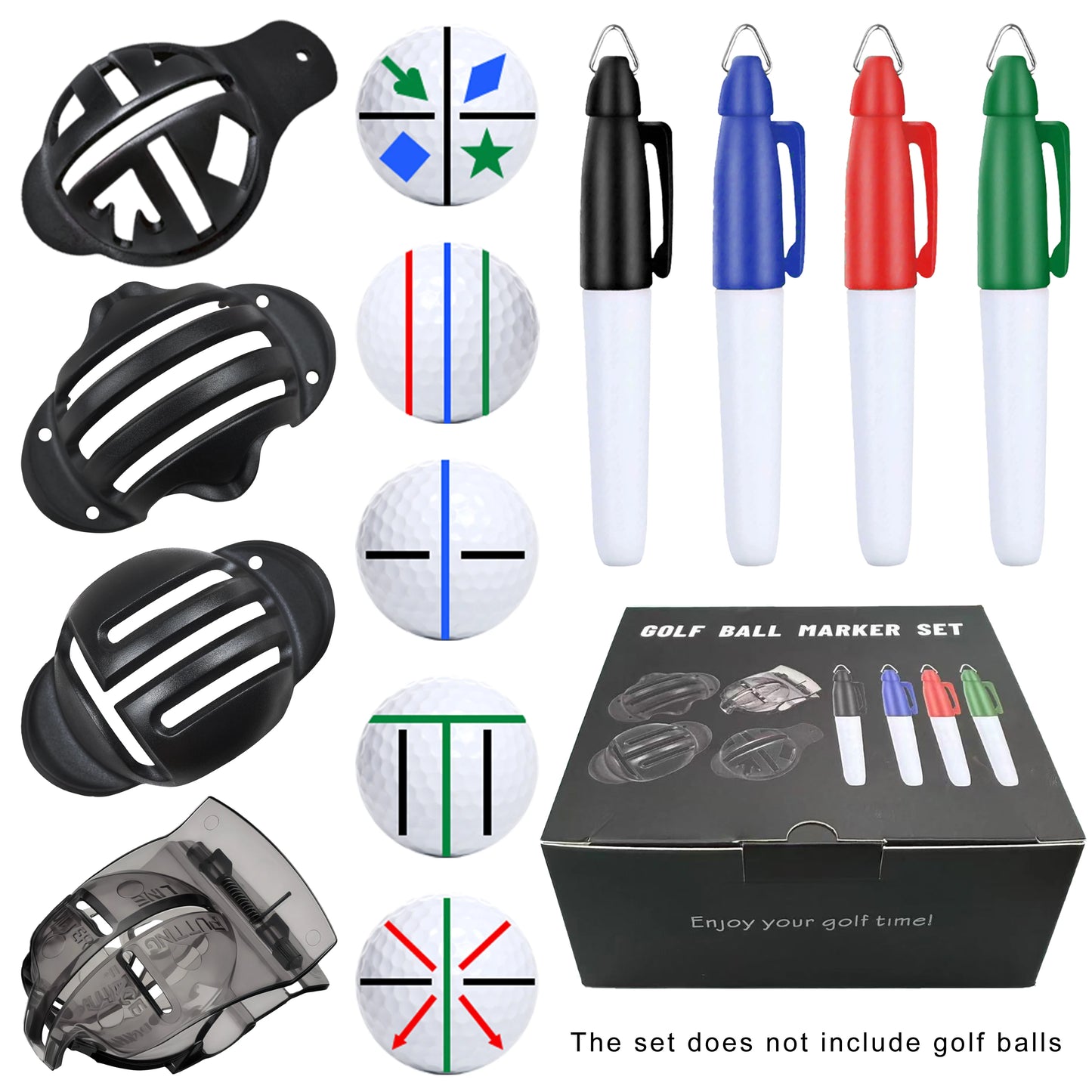 8PCS Golf Ball Marker Kit for Precision Aim and Personal Marking, Includes 4 ball marker templates and 4 color marking pens