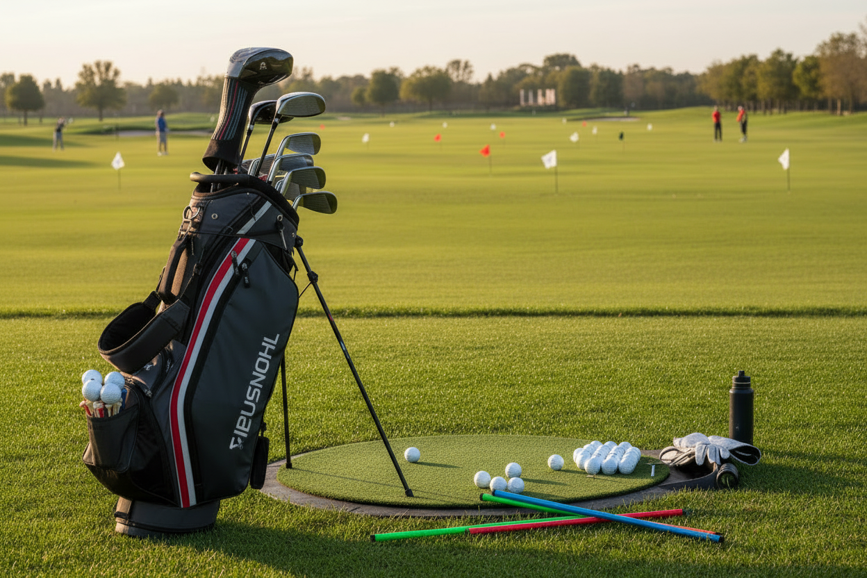 add alignment sticks to the ground and ball and tee holders on the golf bag